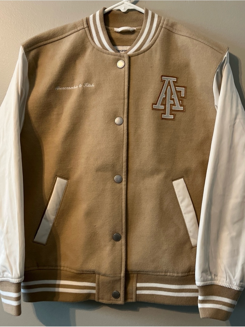 Abercrombie Varsity Letterman Jacket Youth Size 13/14 Beige Preppy Fall kids